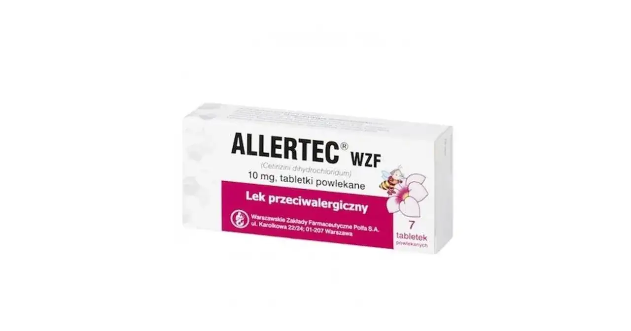 Opakowanie leku Allertec WZF z cetyryzyną, 10 mg, 7 tabletek powlekanych. Lek przeciwalergiczny.