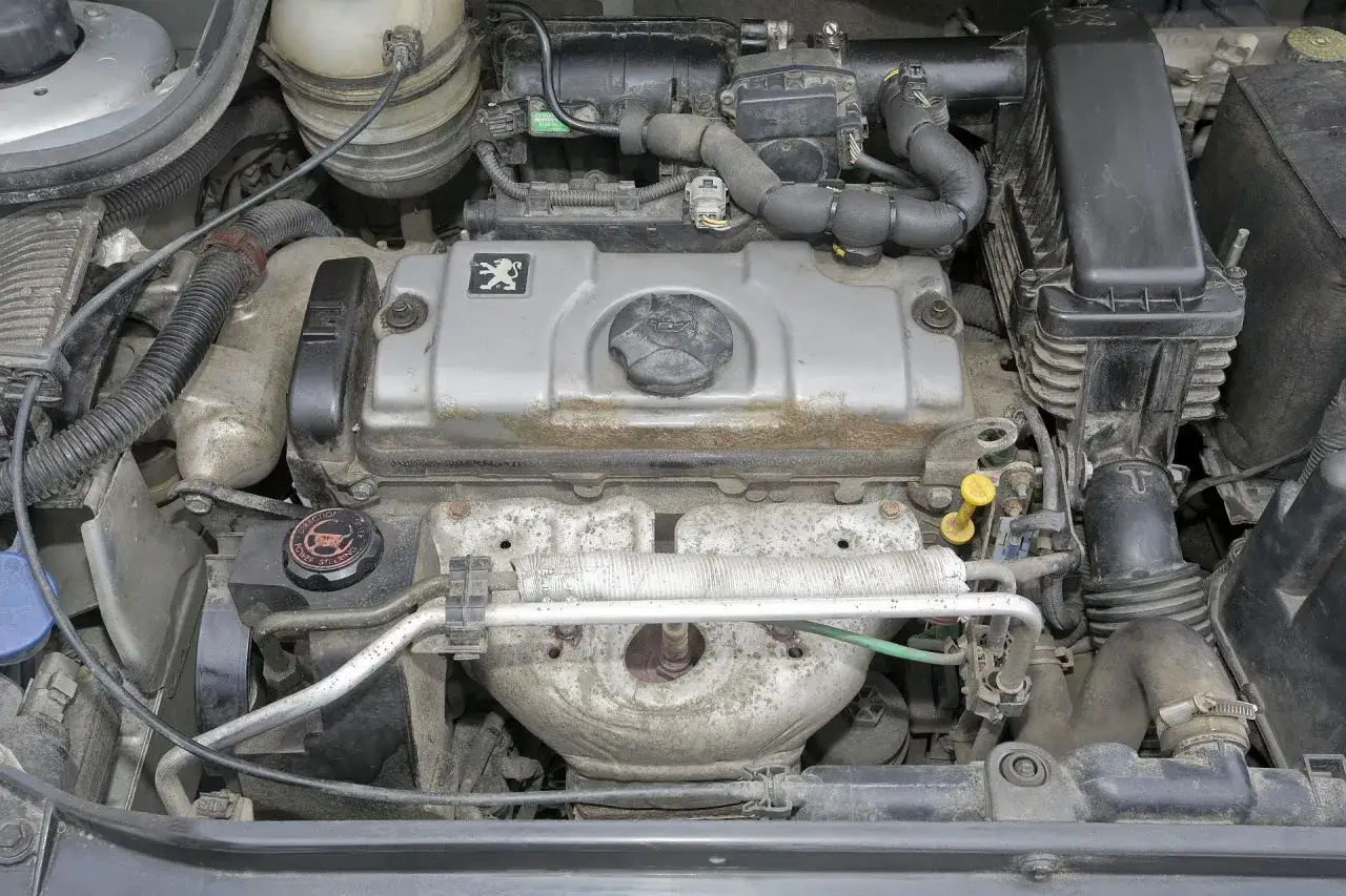 Silnik Peugeot 206 1.4 benzyna, widok z góry. Widać pokrywę zaworów z logo marki, elementy układu dolotowego i wydechowego.