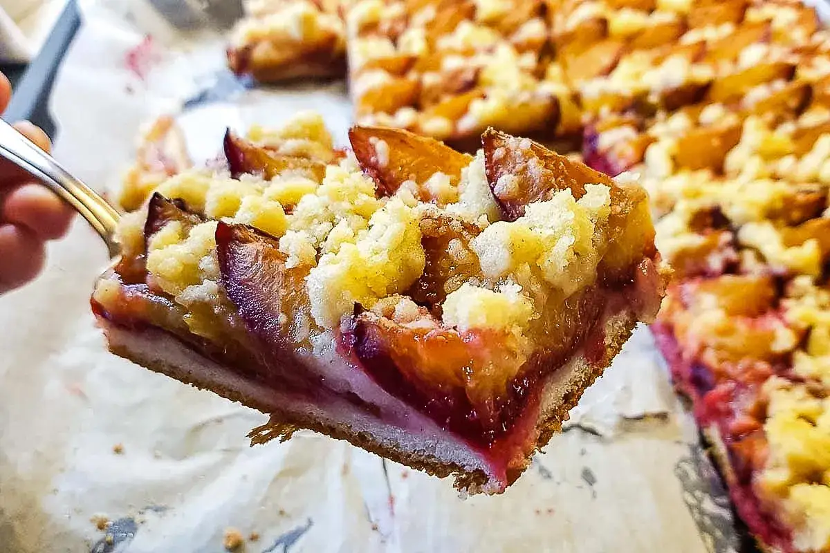 Ein Stück saftiger Zwetschgenkuchen mit Streuseln auf Hefeteig. Perfekt für das nächste Blech.