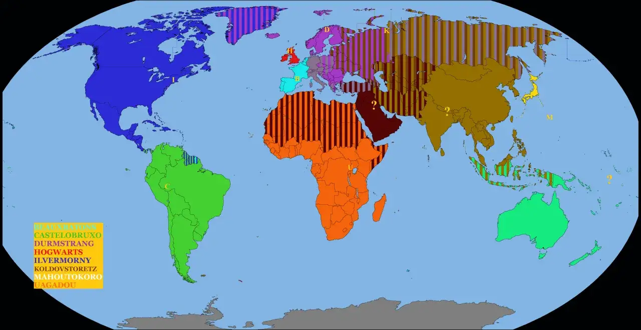Mapa świata z zaznaczonymi regionami szkół w Harrym Potterze: Ilvermorny w Ameryce Północnej, Hogwarts w Europie, Castelobruxo w Ameryce Południowej.