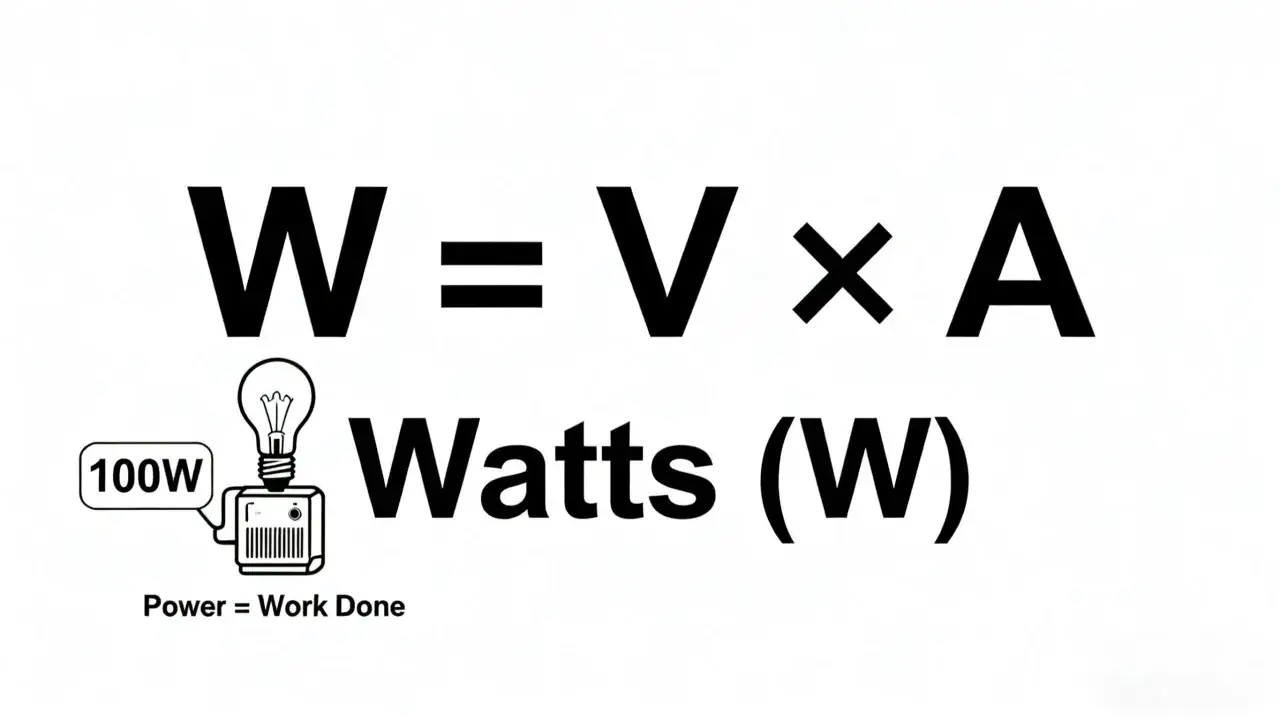 Wzór W=V×A, żarówka 100W i napis Watts (W).
