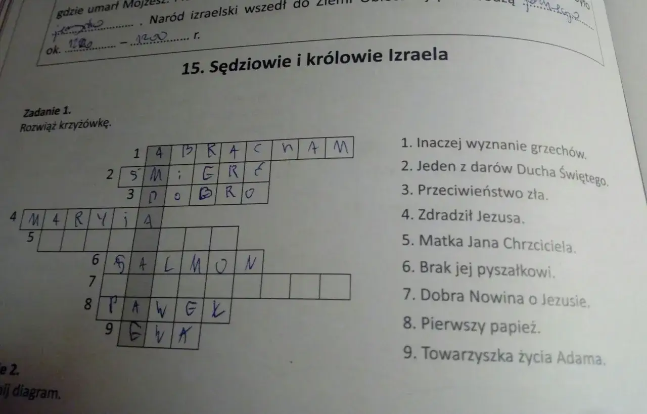Rozwiązana krzyżówka biblijna, gdzie zasady układania diagramu krzyżówki, dbanie o symetrię i czarne pola są kluczowe.