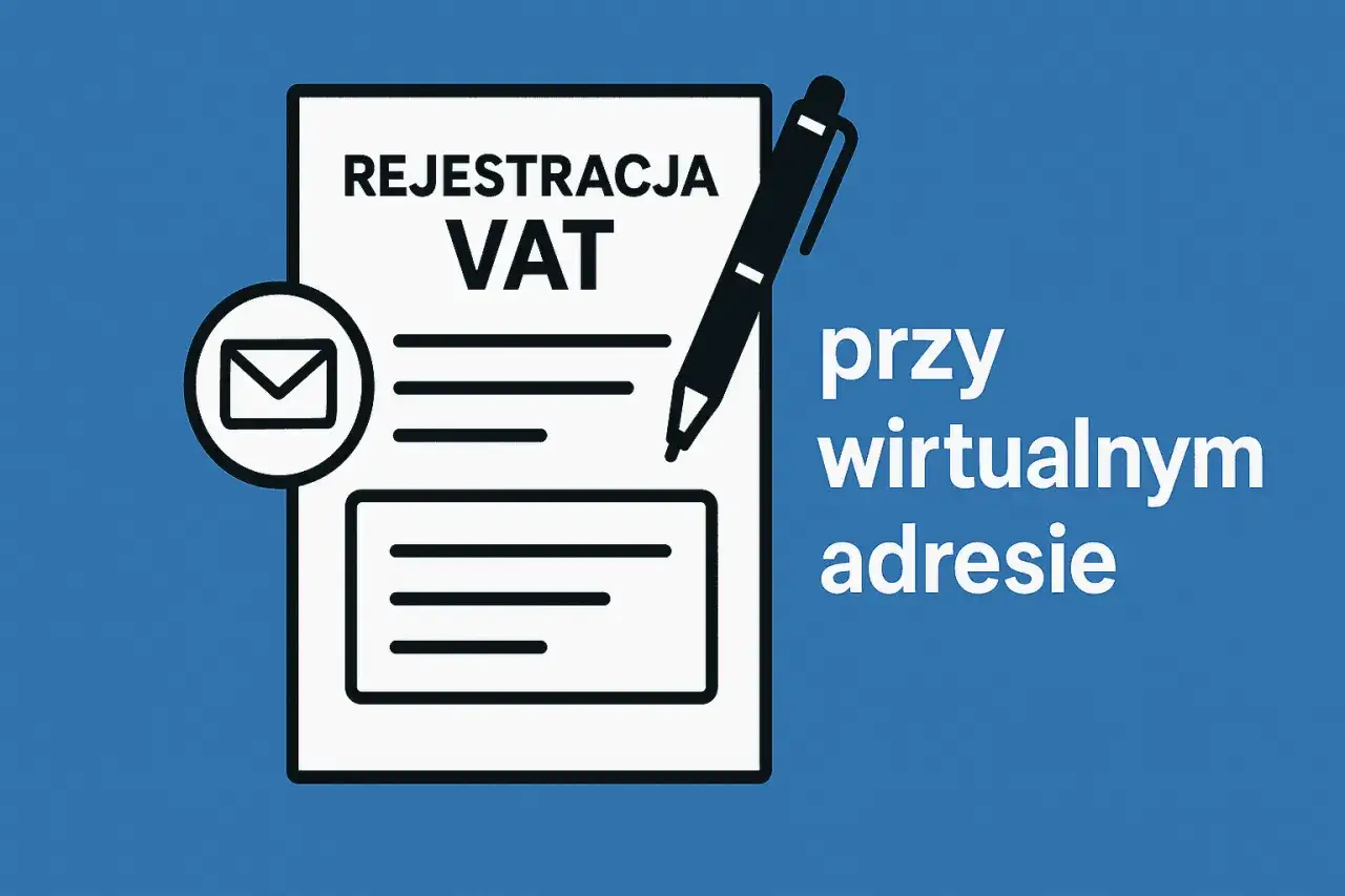 Rejestracja VAT przy wirtualnym adresie. Dokument z długopisem i kopertą.