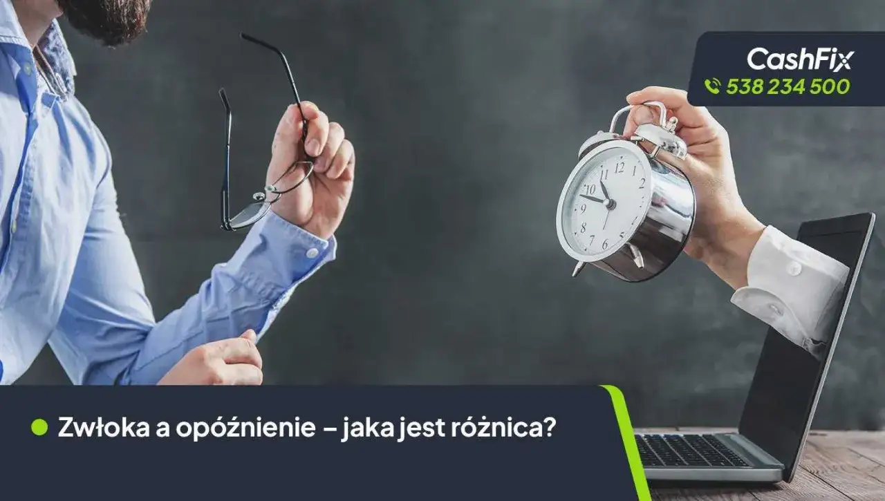Mężczyzna z okularami w ręku i budzik wychodzący z laptopa. Czy to zwłoka, czy opóźnienie?