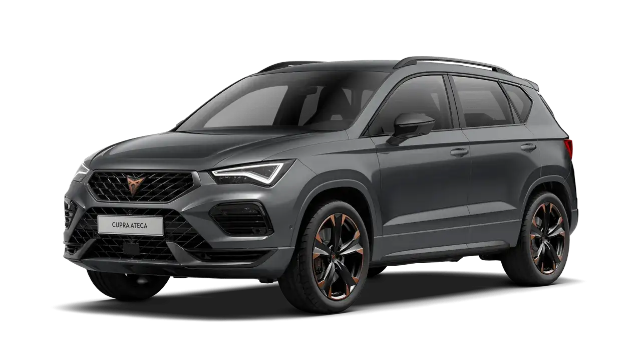 Szary Cupra Ateca, sportowy SUV z charakterystycznym logo i felgami z miedzianymi akcentami, gotowy na każdą drogę.