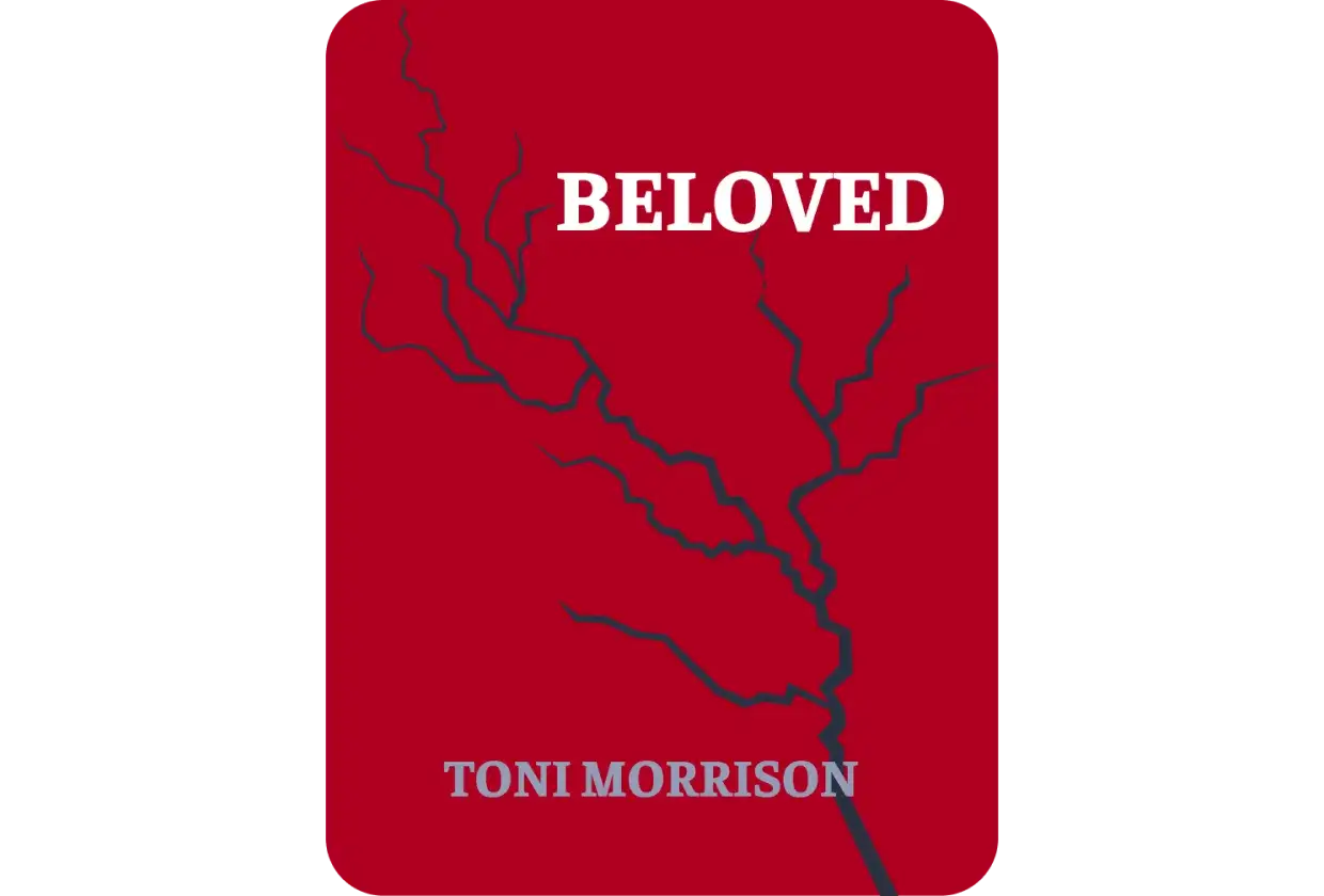 Okładka książki "Umiłowana" Toni Morrison z białym napisem i pęknięciami na czerwonym tle.