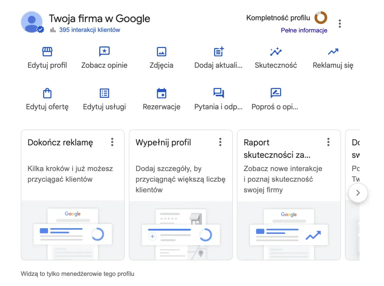 Panel zarządzania wizytówką Google. Możesz edytować profil, dodawać zdjęcia, aktualizacje, sprawdzać skuteczność i reklamować firmę.