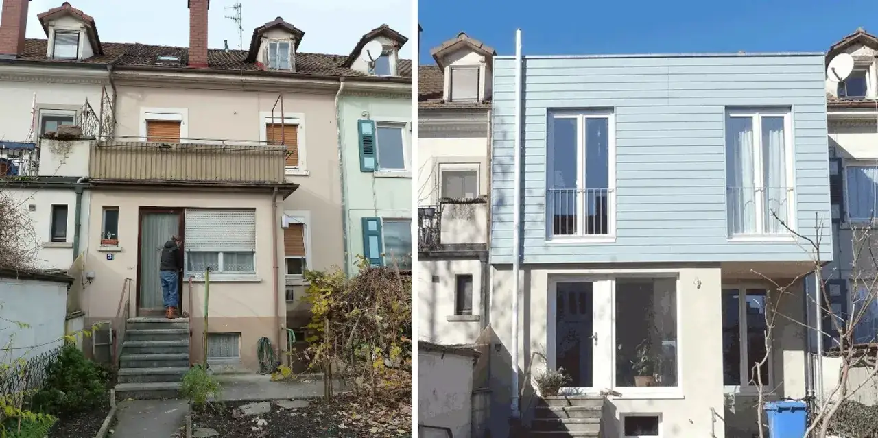 Antes y después: una casa antigua se somete a una transformación para modernizar su fachada, ganando un aspecto fresco y contemporáneo.