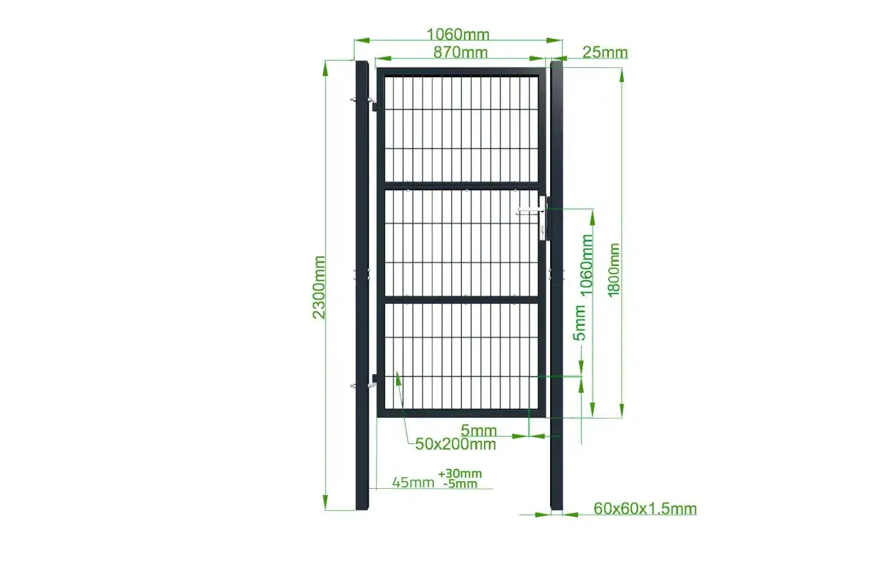 Schemat z wymiarami: rozstaw słupków pod furtkę 1060mm, wysokość 2300mm.