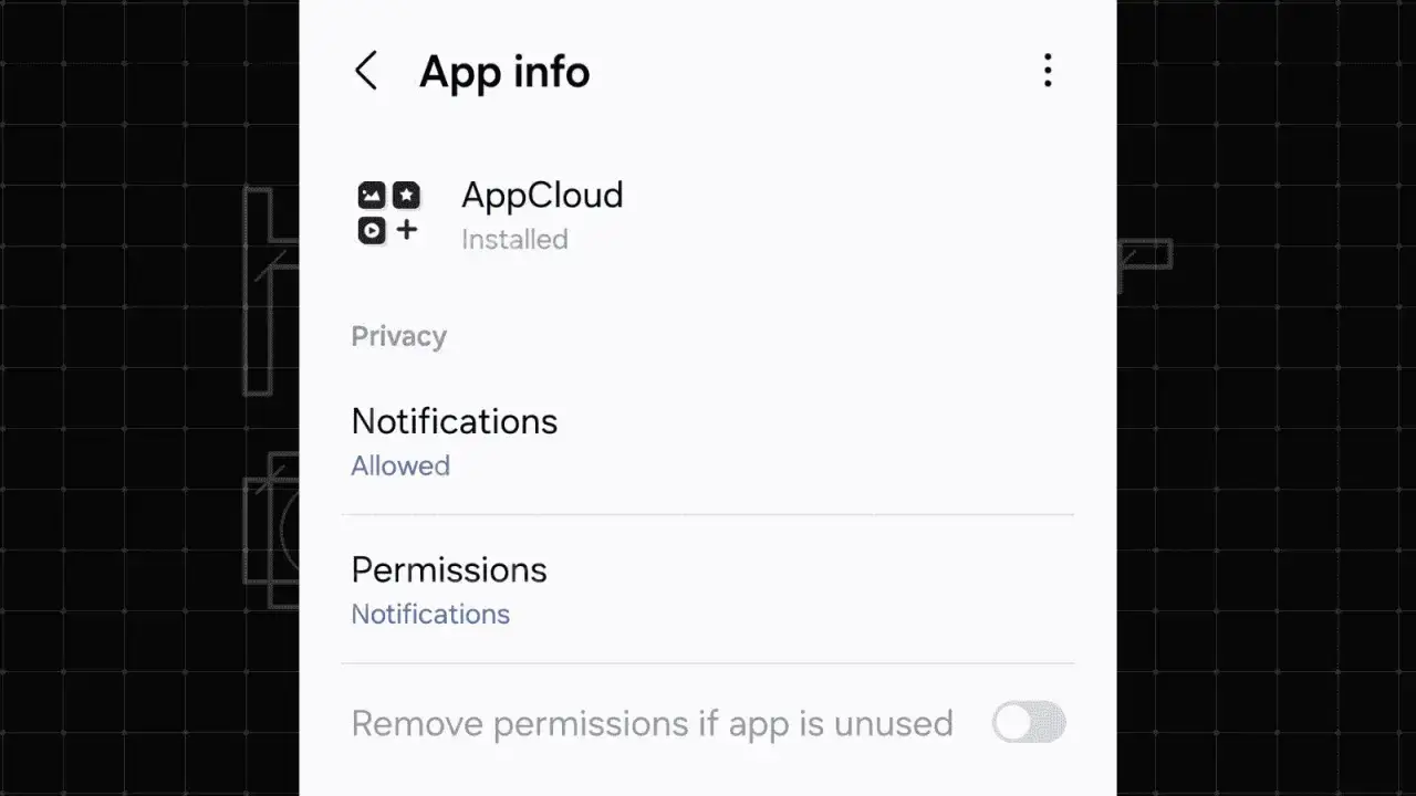 Informations sur l'application AppCloud sur Samsung. Notifications autorisées, permissions à gérer.