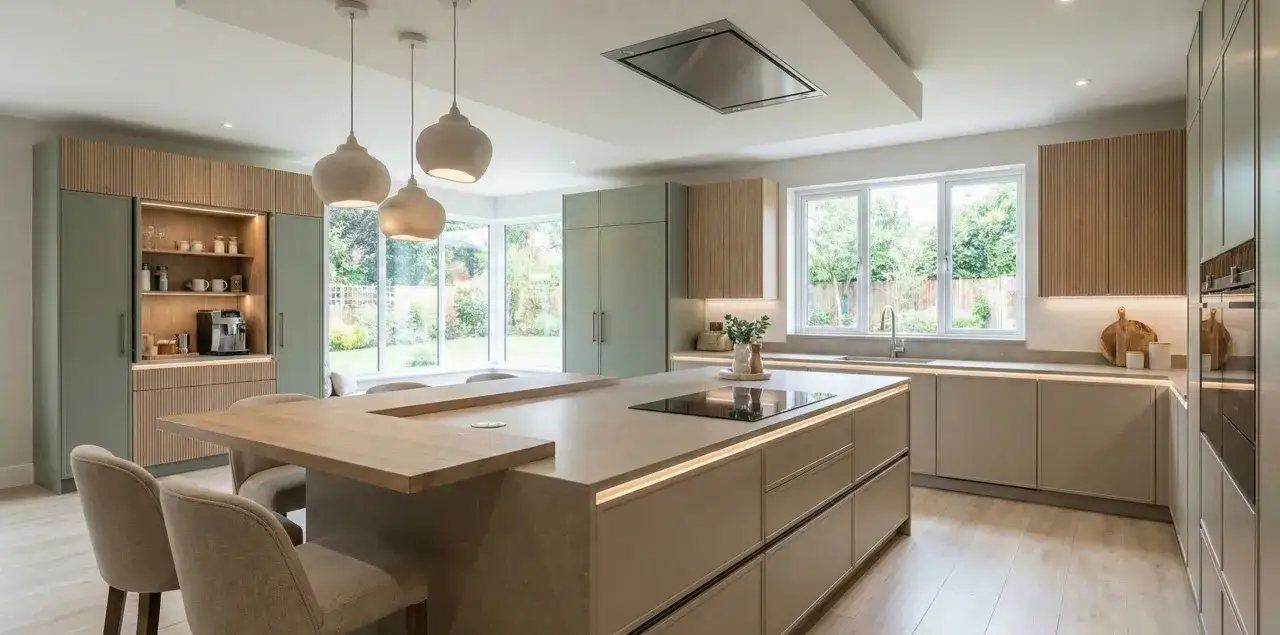 Cocina moderna y luminosa, ideal para reformar una cocina con estilo. Isla central con encimera de cuarzo y detalles de madera.