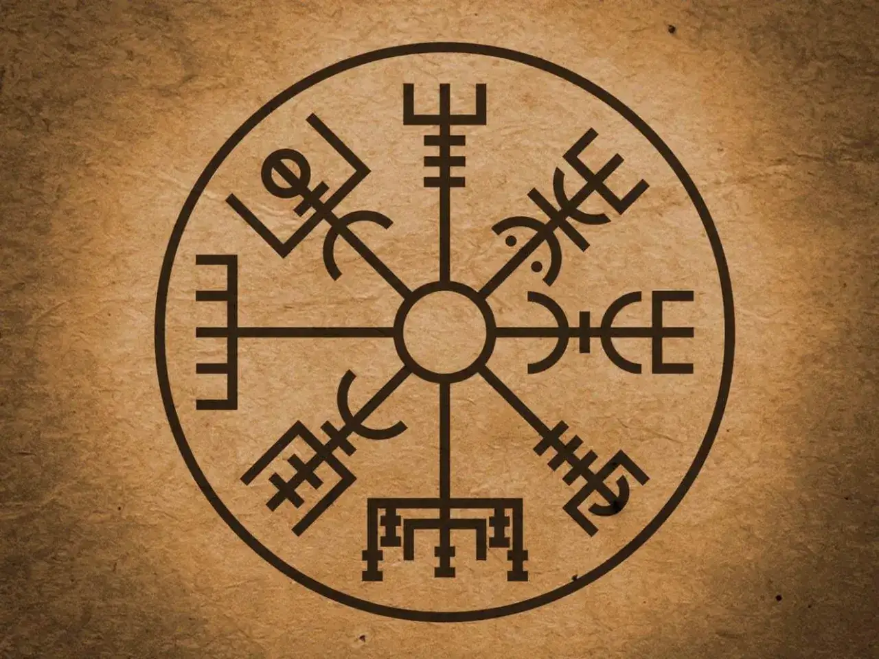 Runiczny kompas Vegvísir na brązowym tle.