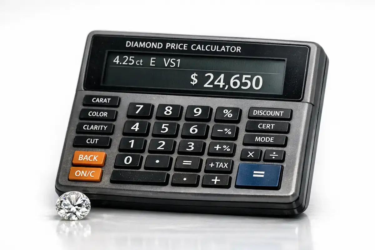 Ein Diamant liegt neben einem Taschenrechner, der den Diamant preis berechnen kann. Der Rechner zeigt 4,25 ct, E, VS1 und $24.650 an.