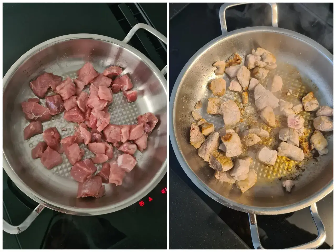 Rohes und angebratenes Schweinefleisch in einer Pfanne. Die Zubereitung für ein leckeres Schweinegulasch Rezept beginnt.