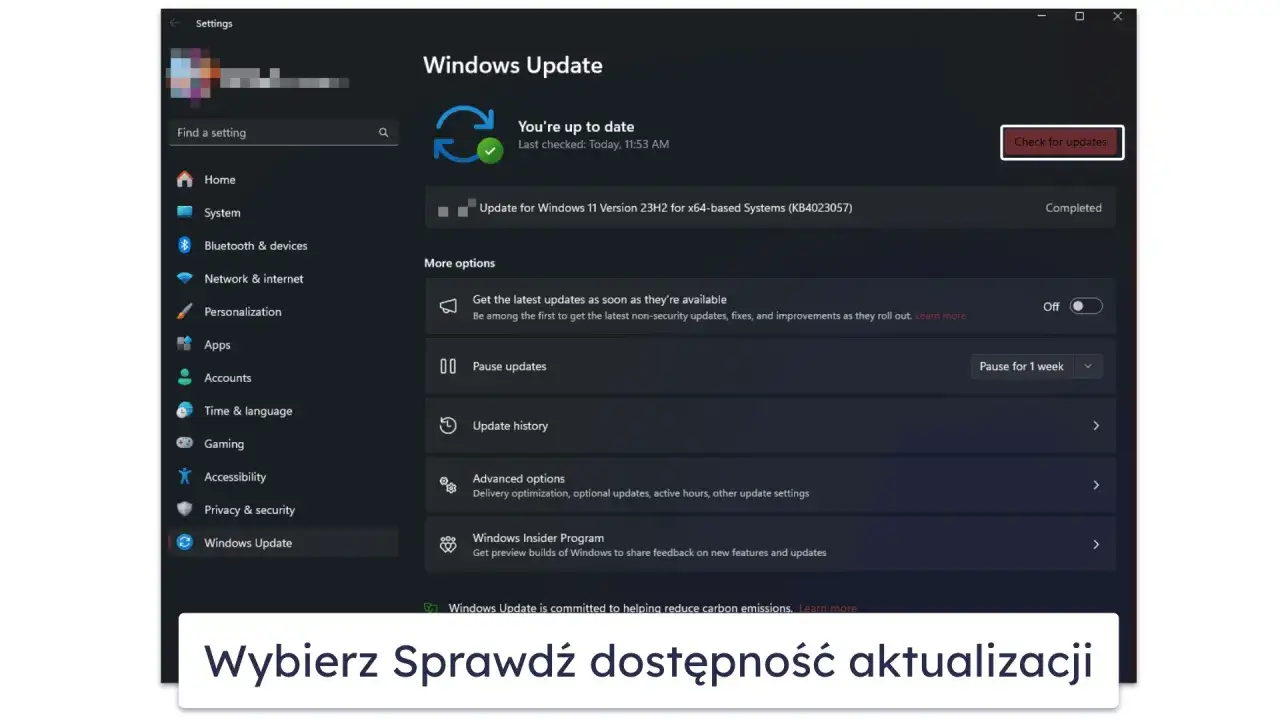 Ekran Ustawień Windows 11, sekcja Windows Update. Widoczna informacja o ostatniej aktualizacji i opcje zarządzania aktualizacjami.