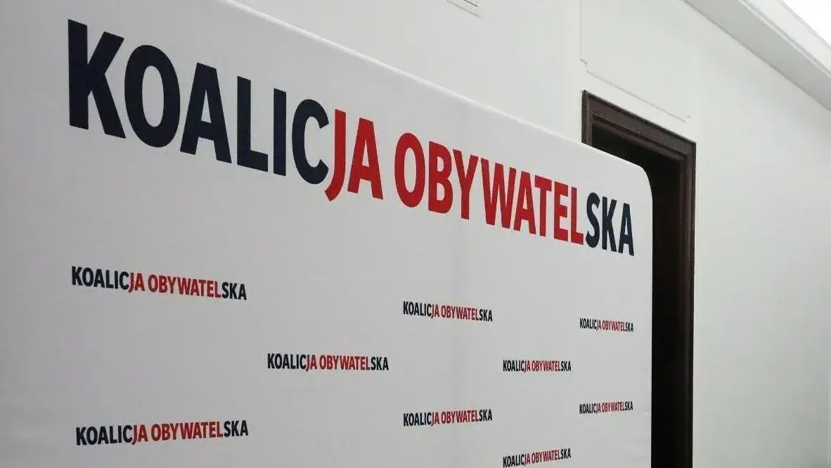 Białe tło z napisem "KOALICJA OBYWATELSKA" w dużych, czerwono-granatowych literach. Pod spodem powtarza się mniejszy napis. To symboliczne tło dla dyskusji o stosunku Koalicji Obywatelskiej do Europejskiego Zielonego Ładu.