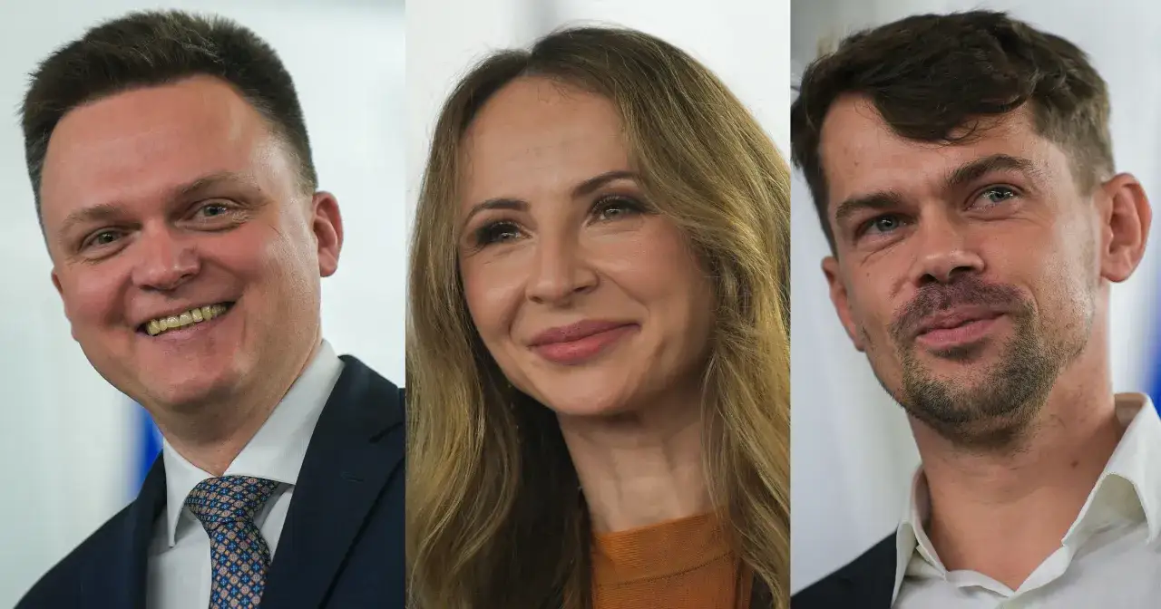 Marcin Bosacki i Aleksandra Gajewska uśmiechają się do obiektywu. Trzecia osoba na zdjęciu to mężczyzna z zarostem.