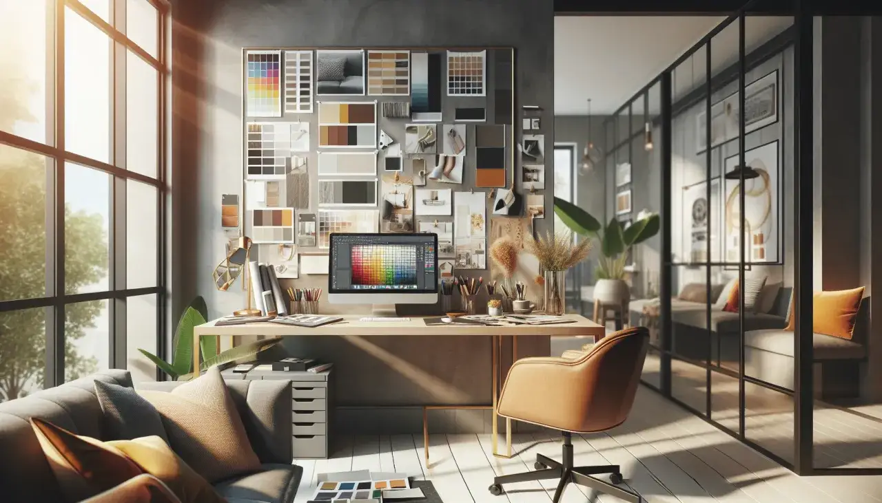 Inspiracja do pkd wykończenie wnętrz: moodboard, komputer z paletą kolorów, próbki materiałów i wygodna sofa.