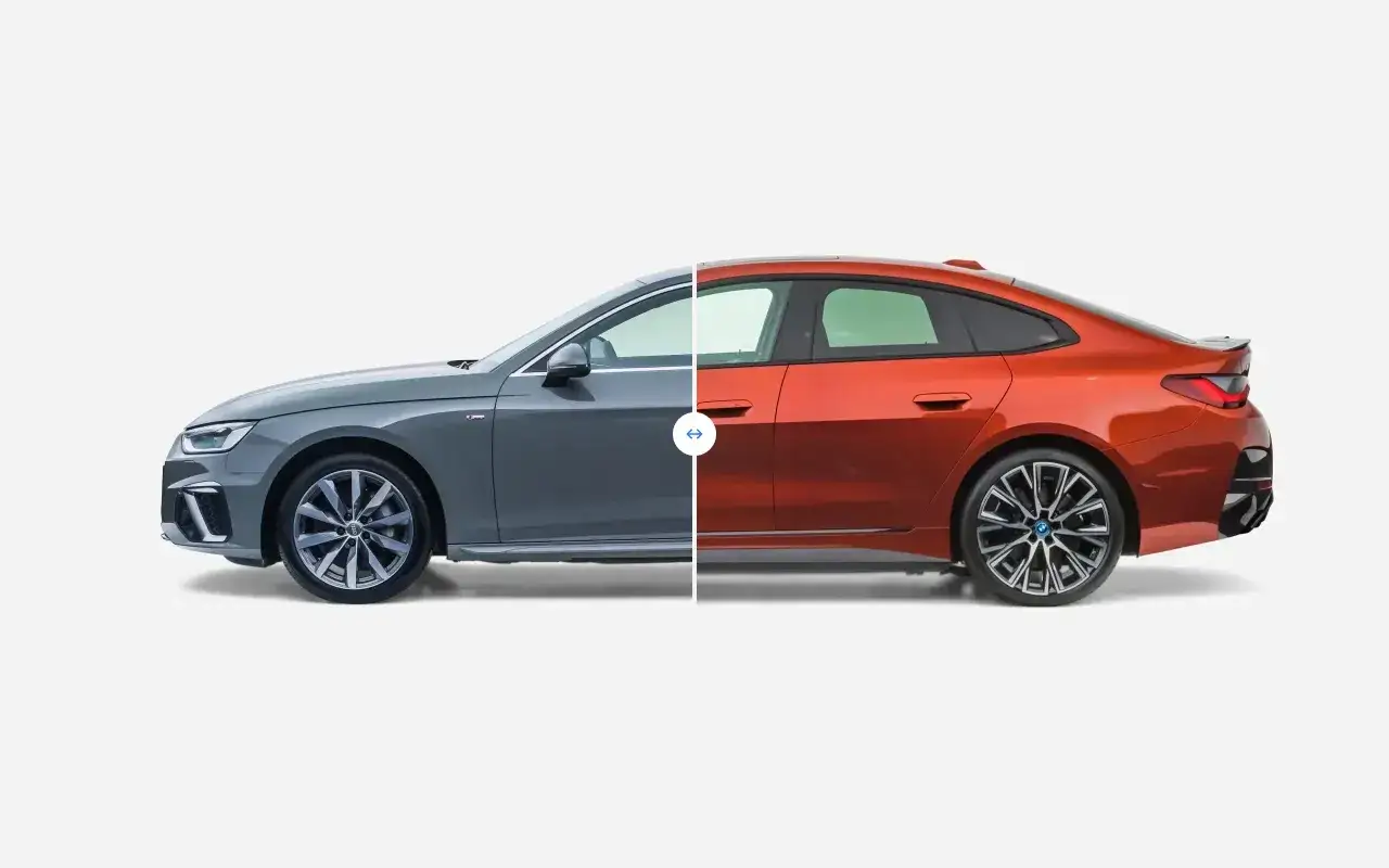 Porównanie wymiarów samochodów osobowych: szare Audi i pomarańczowe BMW.