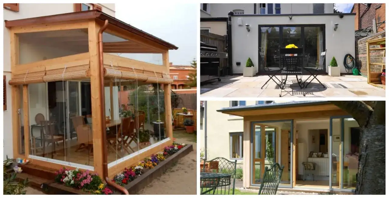 Porches de casas sencillas con estructuras de madera y cristal, creando espacios luminosos y acogedores.
