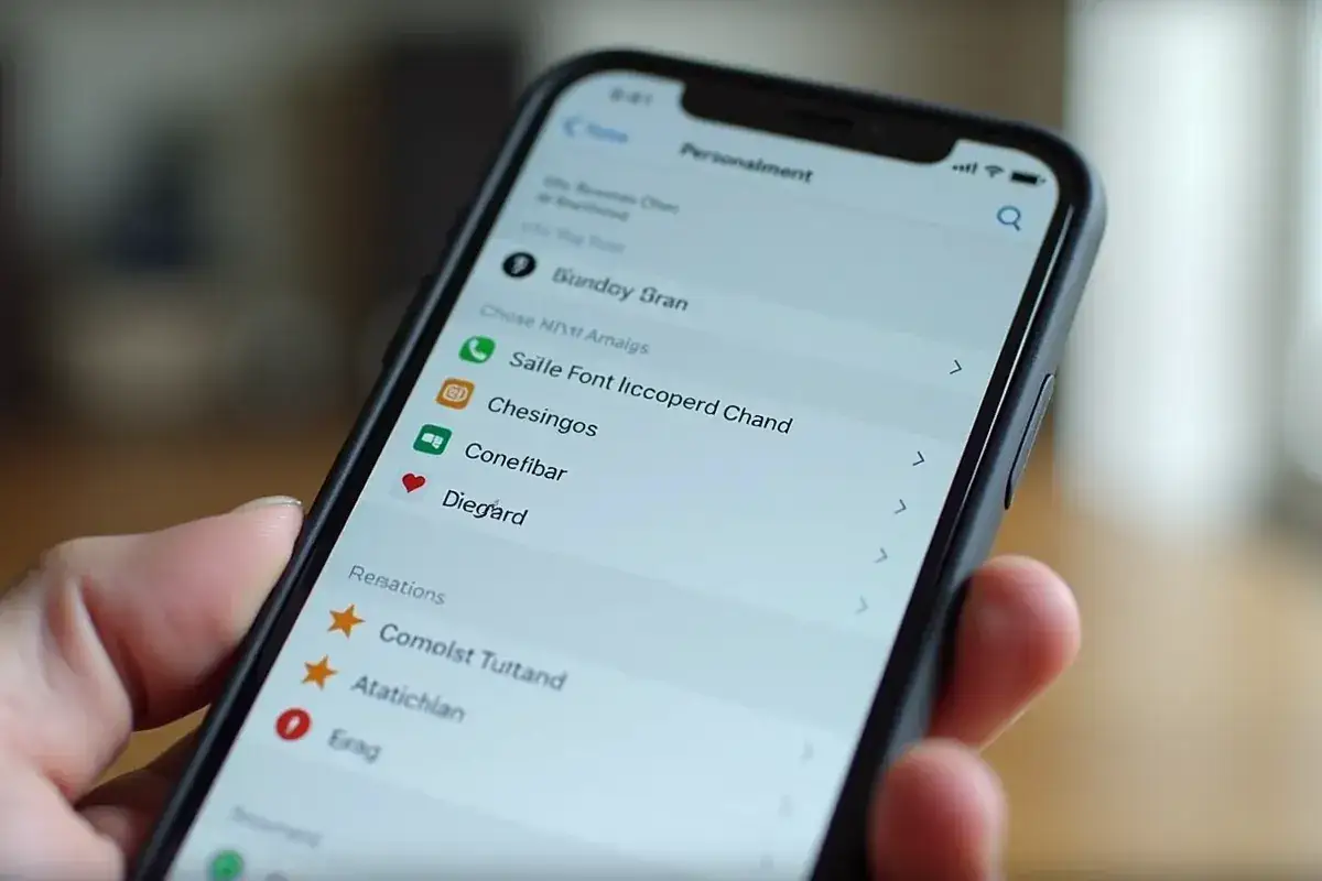 Ekran telefonu z opcjami personalizacji. Widoczna lista kontaktów i ustawień, gdzie można znaleźć wskazówki, jak zmienić czcionkę w telefonie.