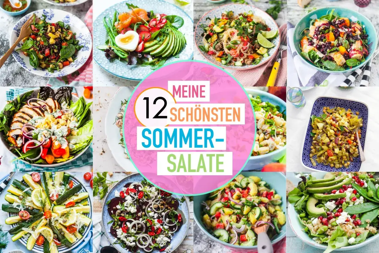 Collage mit 12 bunten sommer salat ideen, darunter Linsensalat, Lachs-Avocado-Salat und Hähnchensalat.