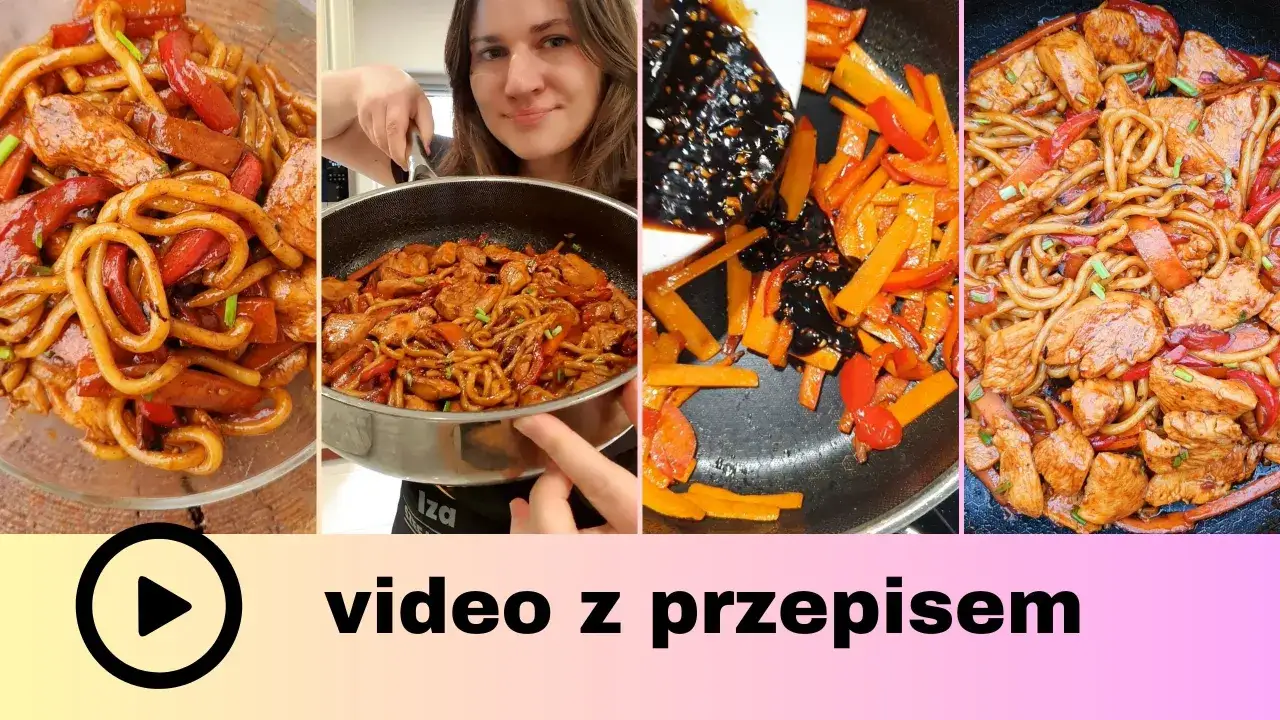Kolorowy makaron udon z kurczakiem i warzywami, przygotowany według prostego przepisu. Wideo z przepisem.
