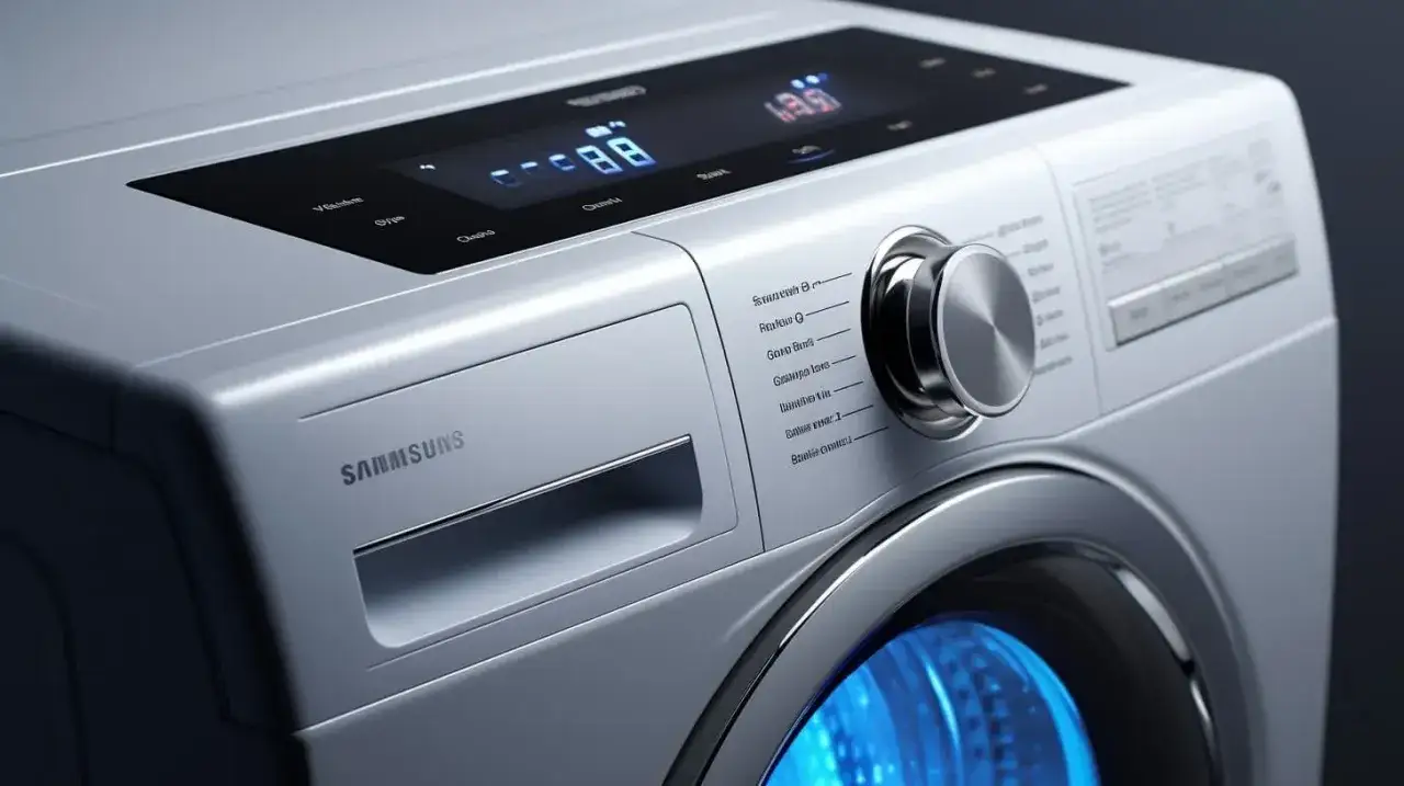 Nowa pralka Samsung z błędem 5c. Widok panelu sterowania i bębna z niebieskim podświetleniem.