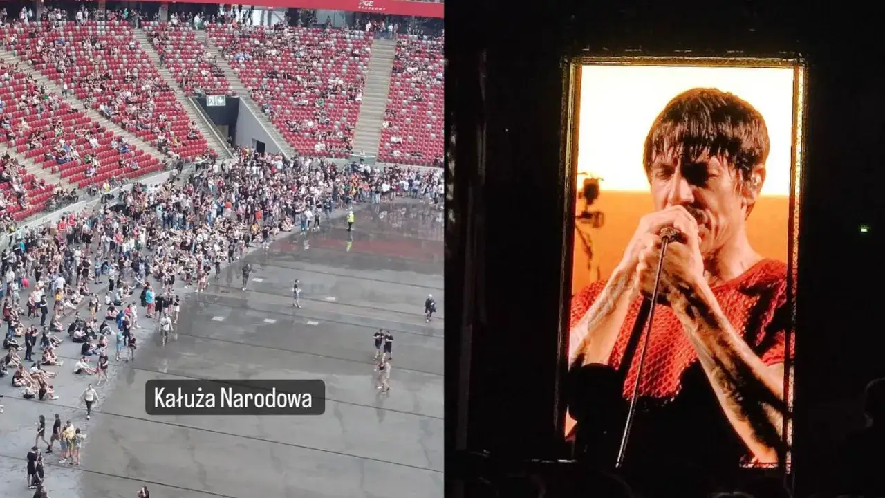 Koncert Red Hot Chili Peppers w Warszawie. Tłum na płycie stadionu, Anthony Kiedis na telebimie.