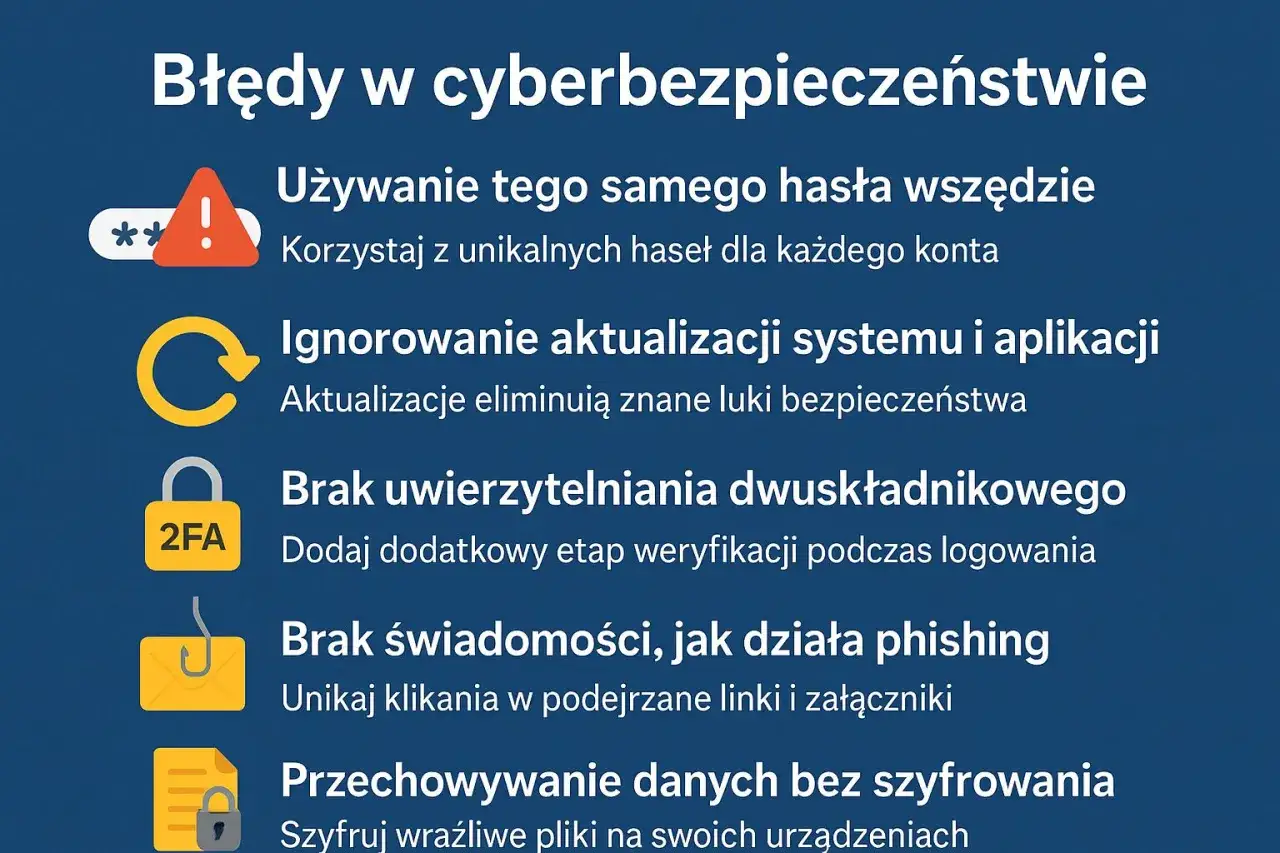 Błędy w cyberbezpieczeństwie: używanie tego samego hasła, ignorowanie aktualizacji, brak 2FA, klikanie w phishing, przechowywanie danych bez szyfrowania. Oto czego nie robić w internecie.