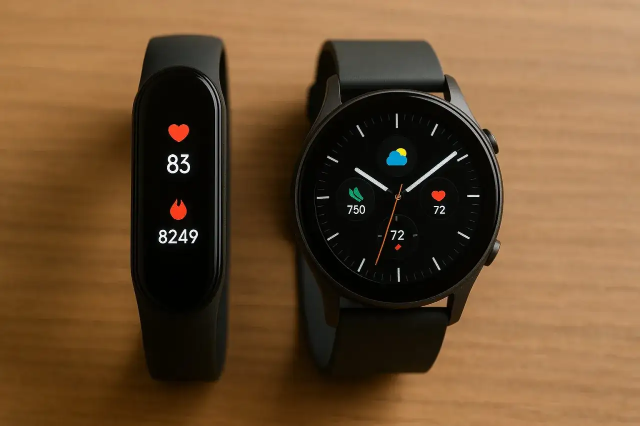 Deux montres connectées sur un bureau en bois. L'une affiche le rythme cardiaque et les pas, l'autre la météo et le rythme cardiaque. Apprenez comment activer le bluetooth sur une montre connectée.