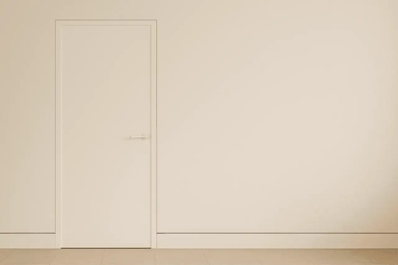 Puerta blanca minimalista con manija discreta y un rodapié enrasado que se funde con la pared, creando un espacio limpio y moderno.