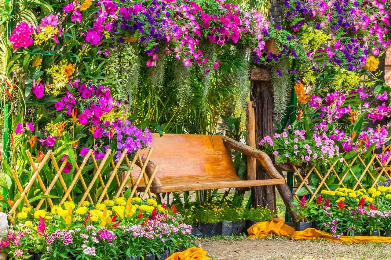 Kolorowy ogród pełen kwitnących kwiatów ogrodowych, z huśtawką pośrodku. Widać orchidee, petunie i inne rośliny.