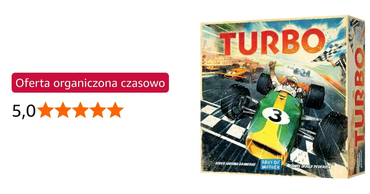 Gra planszowa "Turbo" z wyścigami bolidów, idealna na szybką rozgrywkę.
