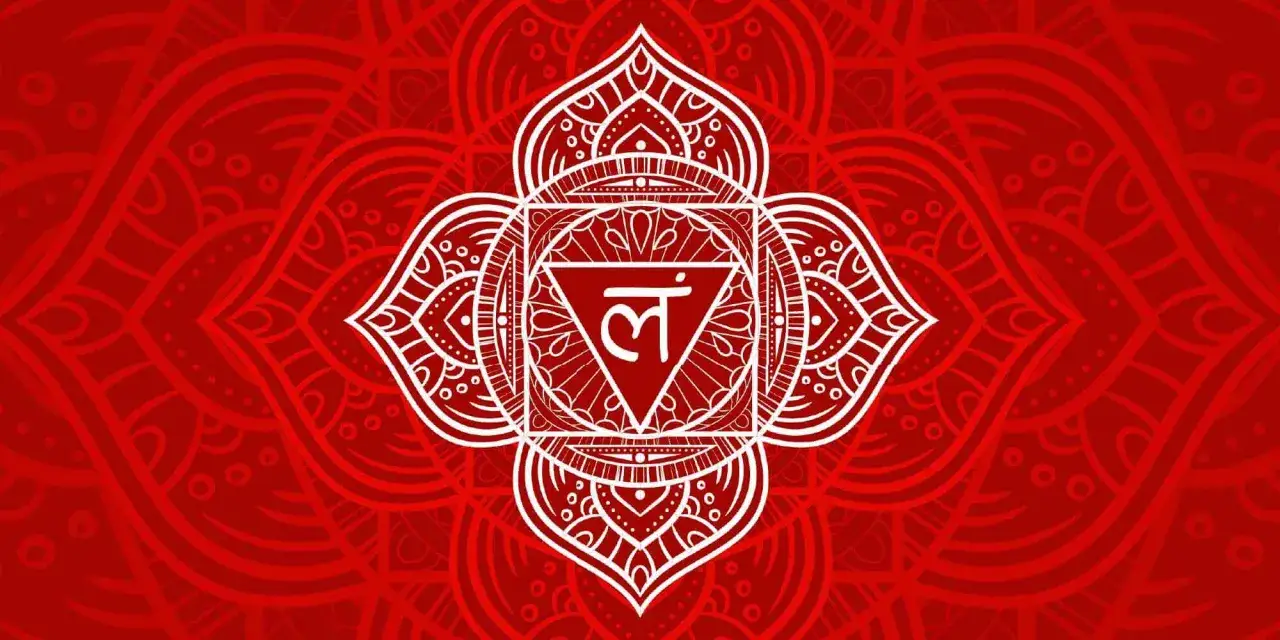 Rotes Mandala mit weißem Symbol. Die Farbe Rot hat eine tiefe spirituelle Bedeutung, sie steht für Kraft und Erdung.