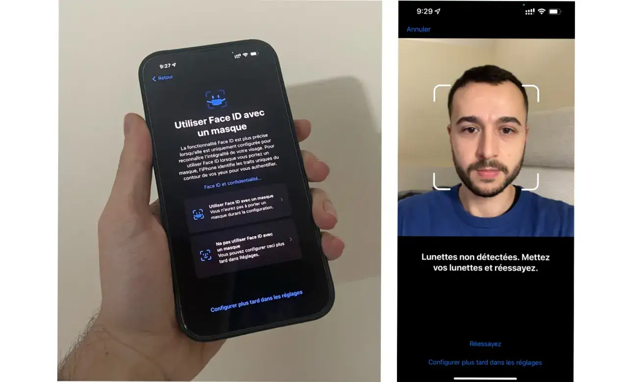 Configuration de Face ID sur iPhone 11 avec ou sans masque. L'écran affiche un homme tentant de configurer ses lunettes.
