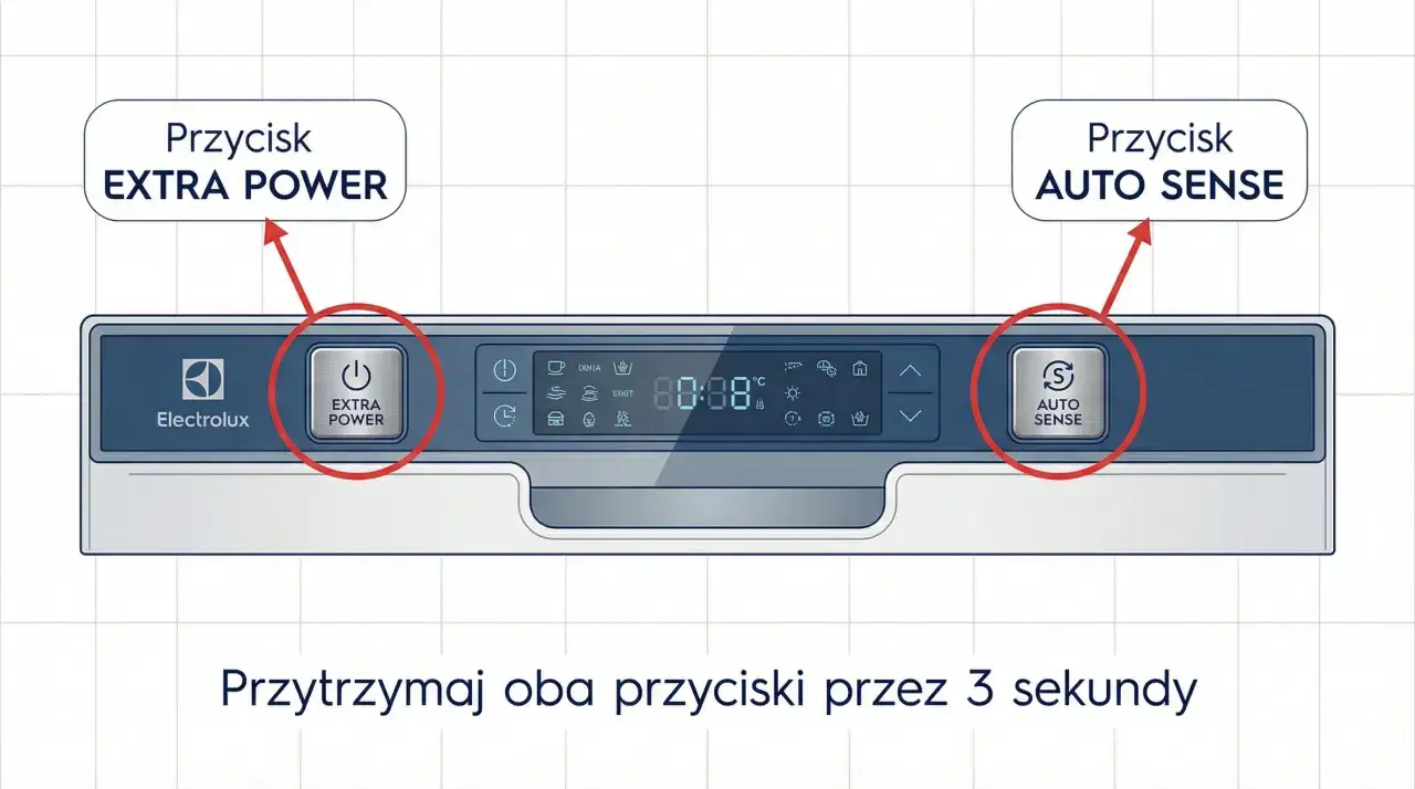 Aby włączyć Machine Care w zmywarce, przytrzymaj przyciski EXTRA POWER i AUTO SENSE przez 3 sekundy.