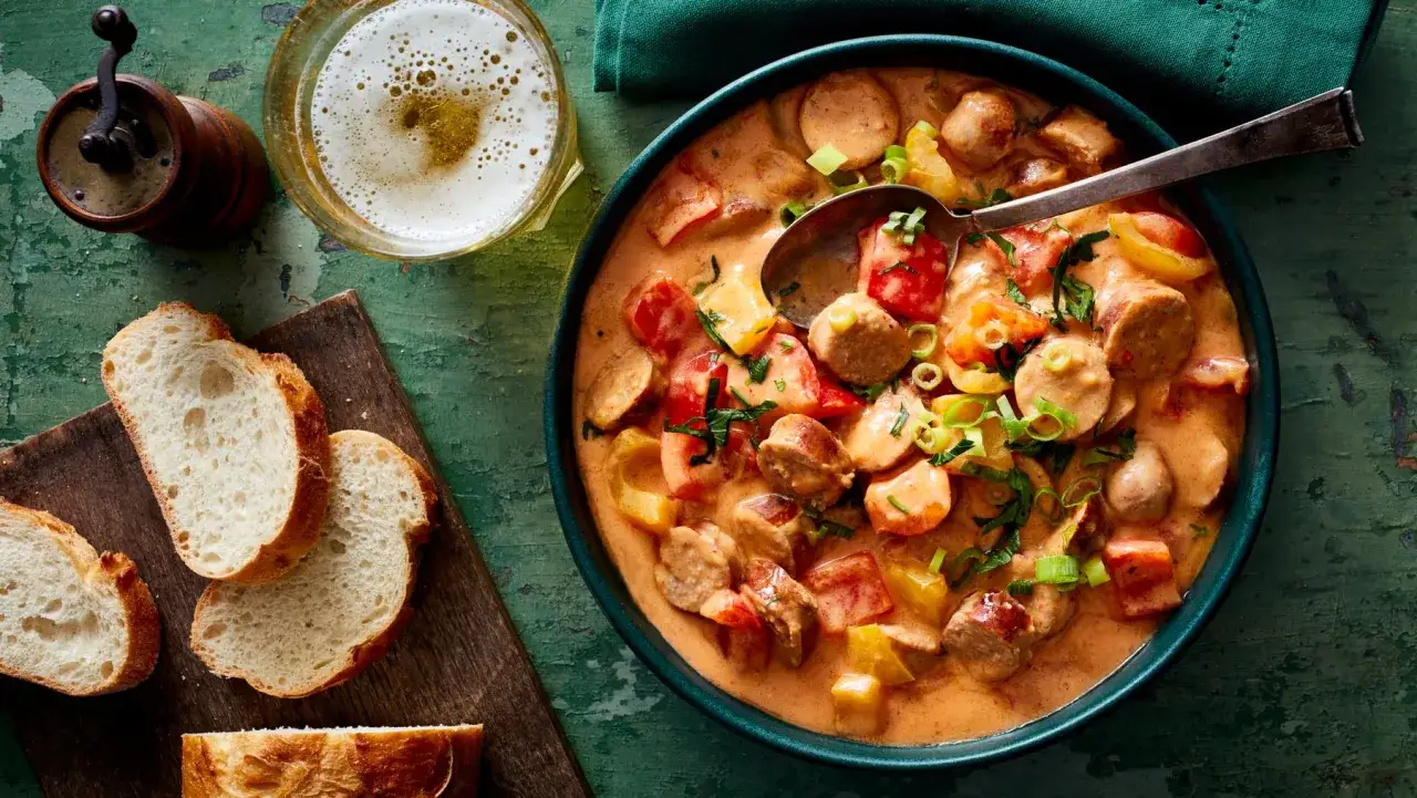 Herzhaftes Wurstgulasch mit Paprika und Tomaten, serviert mit frischem Brot und einem kühlen Bier. Ein tolles Rezept für gemütliche Abende.