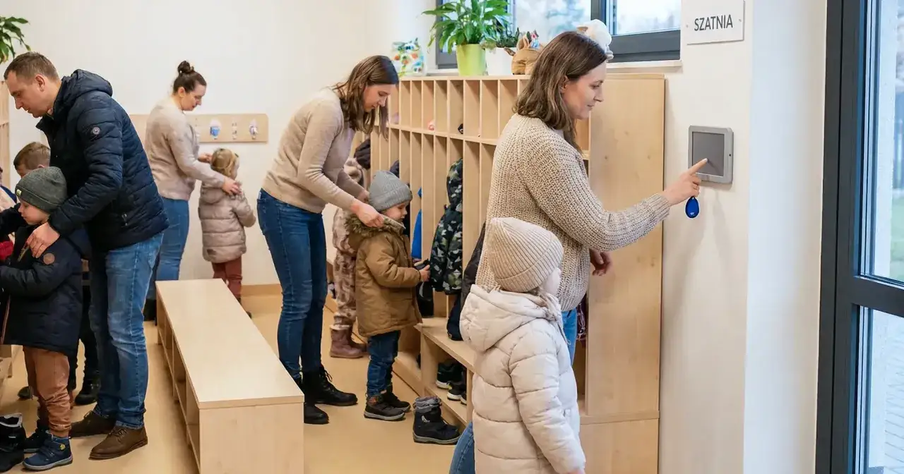 Rodzice przyprowadzają dzieci do przedszkola. W szatni opiekunowie pomagają maluchom się przebrać.