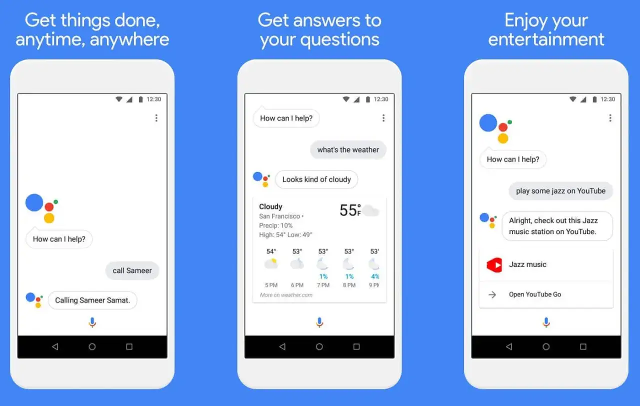 Trois écrans de téléphone affichant l'Assistant Google. L'un montre "Hey Google ne fonctionne pas" et appelle Sameer, un autre donne la météo, le dernier joue du jazz sur YouTube.