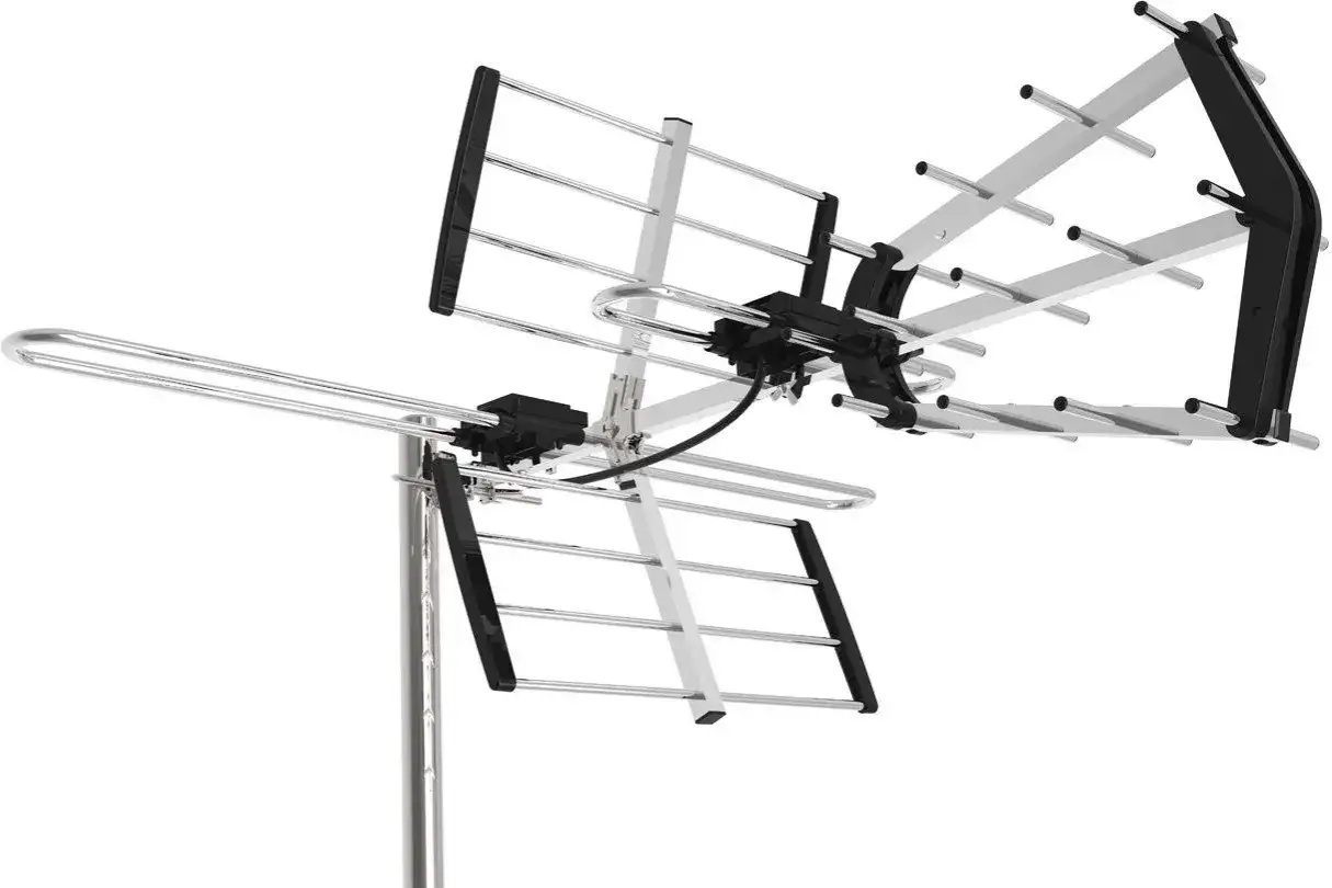 Antena do odbioru kanałów telewizji naziemnej, z elementami aluminiowymi i czarnymi mocowaniami.