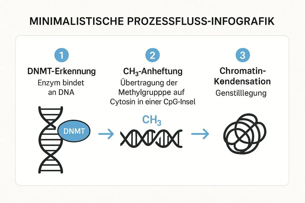Schematyczne przedstawienie procesu metylacji DNA: enzym DNMT wiąże się z DNA, dodaje grupę CH3 do cytozyny, co prowadzi do kondensacji chromatyny i wyciszenia genu.