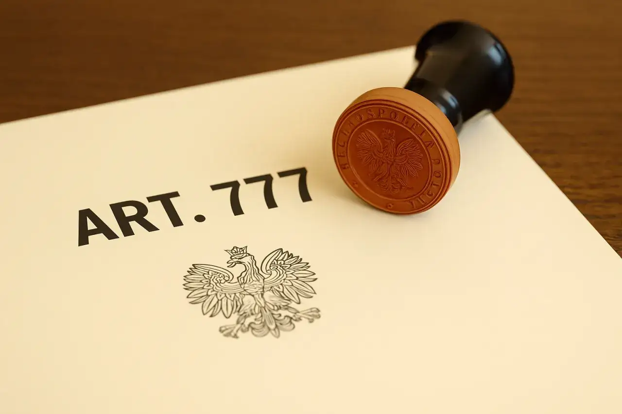 Pieczęć z orłem Rzeczypospolitej Polskiej obok tekstu "ART. 777". Dokument może dotyczyć dobrowolnego poddania się egzekucji.