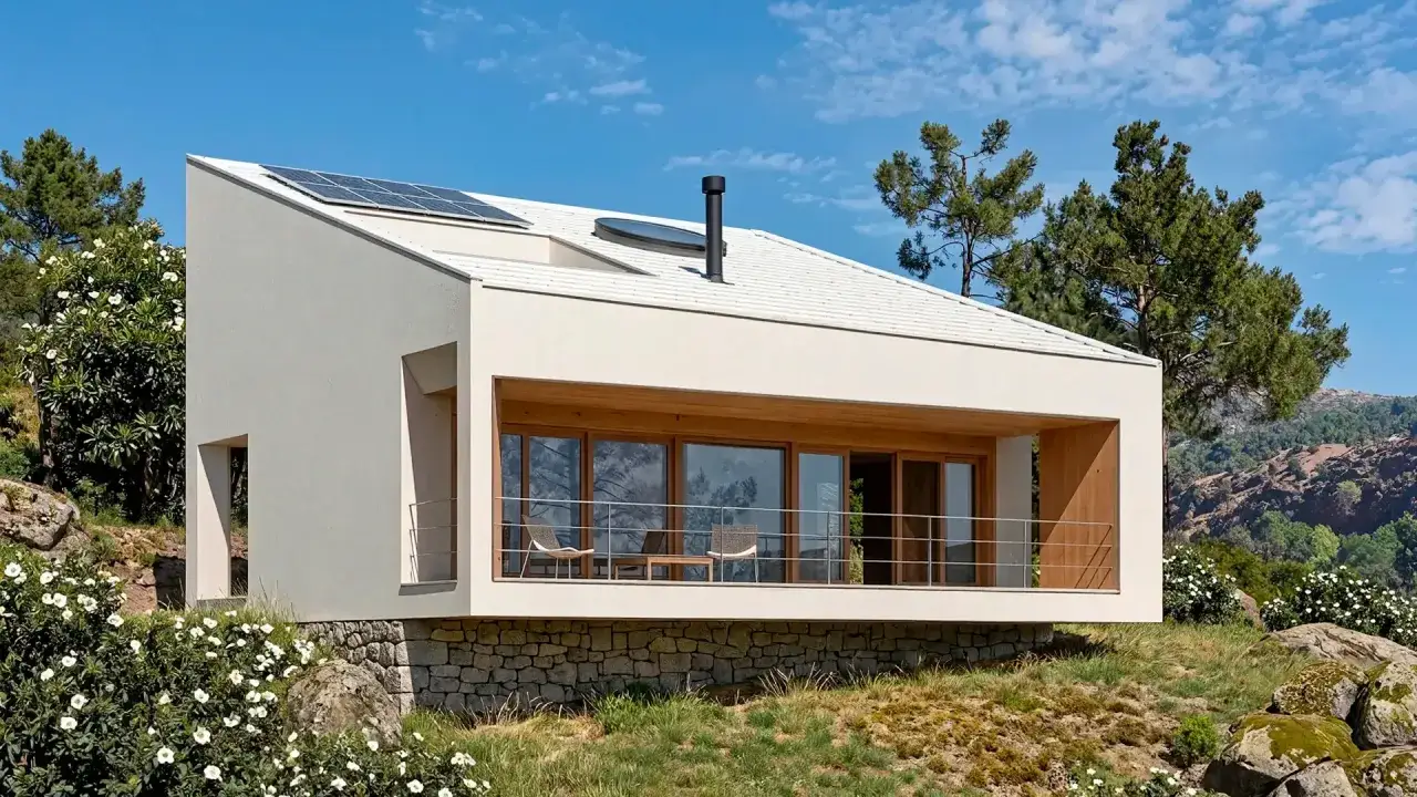 Casas de montaña modernas con paneles solares en el tejado, rodeadas de vegetación y rocas, con vistas a un paisaje montañoso.