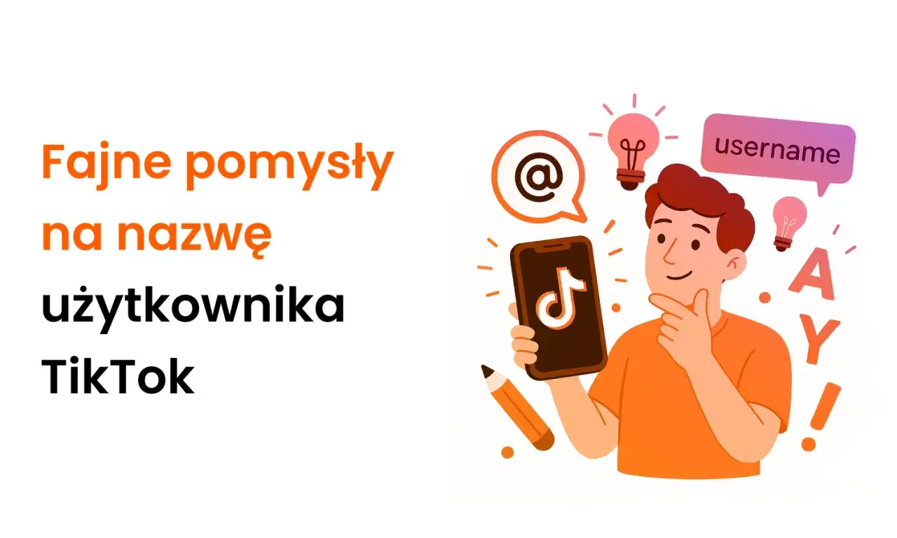 Fajne nazwy użytkownika na TikToka? Młody człowiek z telefonem szuka inspiracji, otoczony żarówkami pomysłów i ikonami.