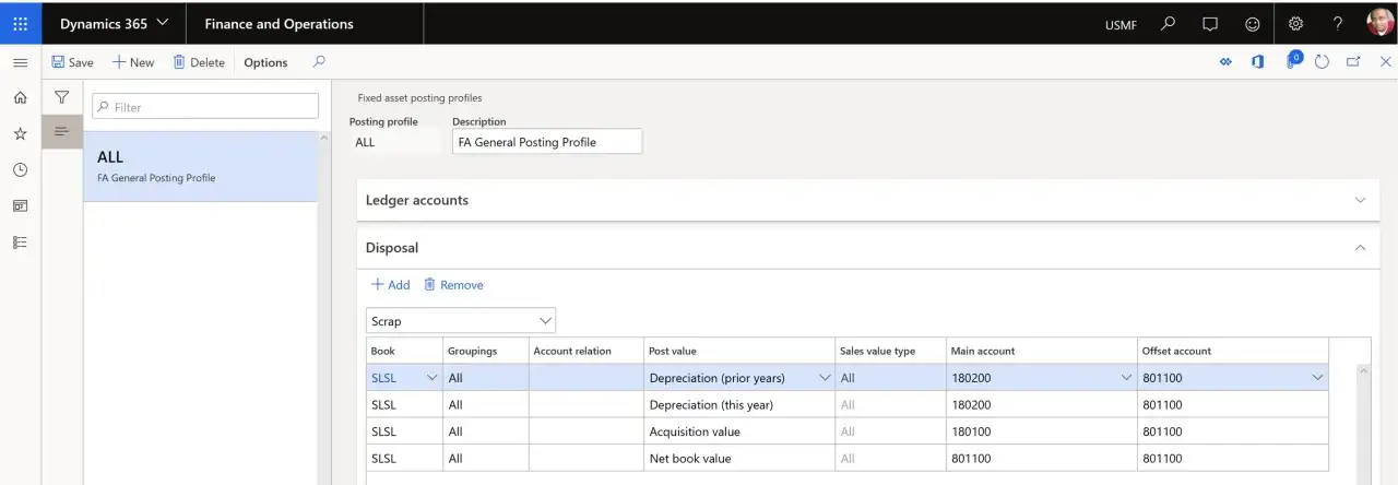 Konfiguracja księgowania likwidacji środka trwałego w Dynamics 365. Widok zawiera profile księgowania, konta księgowe i szczegóły dotyczące likwidacji.