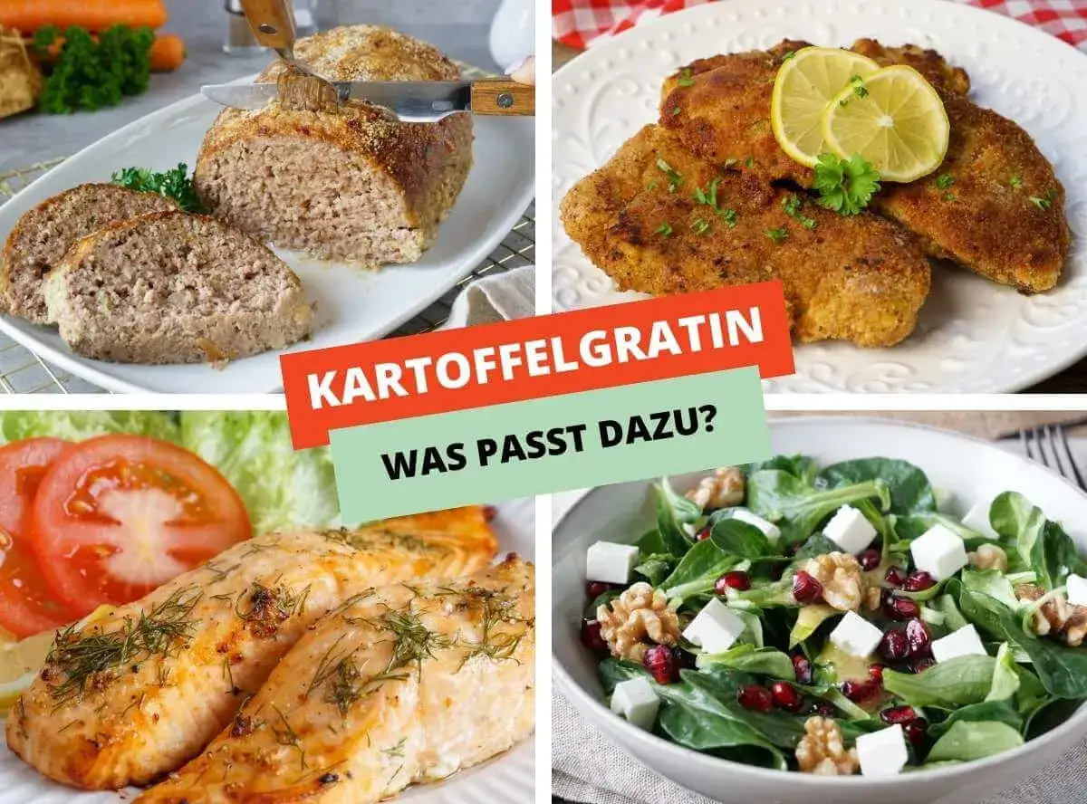 Vier Bilder zeigen verschiedene Gerichte: Hackbraten, paniertes Schnitzel, Lachsfilet und Salat. Perfekt für Kartoffeln Rezepte!