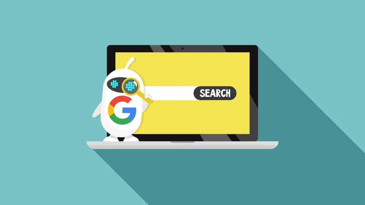 Robot z logo Google szuka czegoś na ekranie laptopa. To pokazuje, google co to jest - wyszukiwarka.