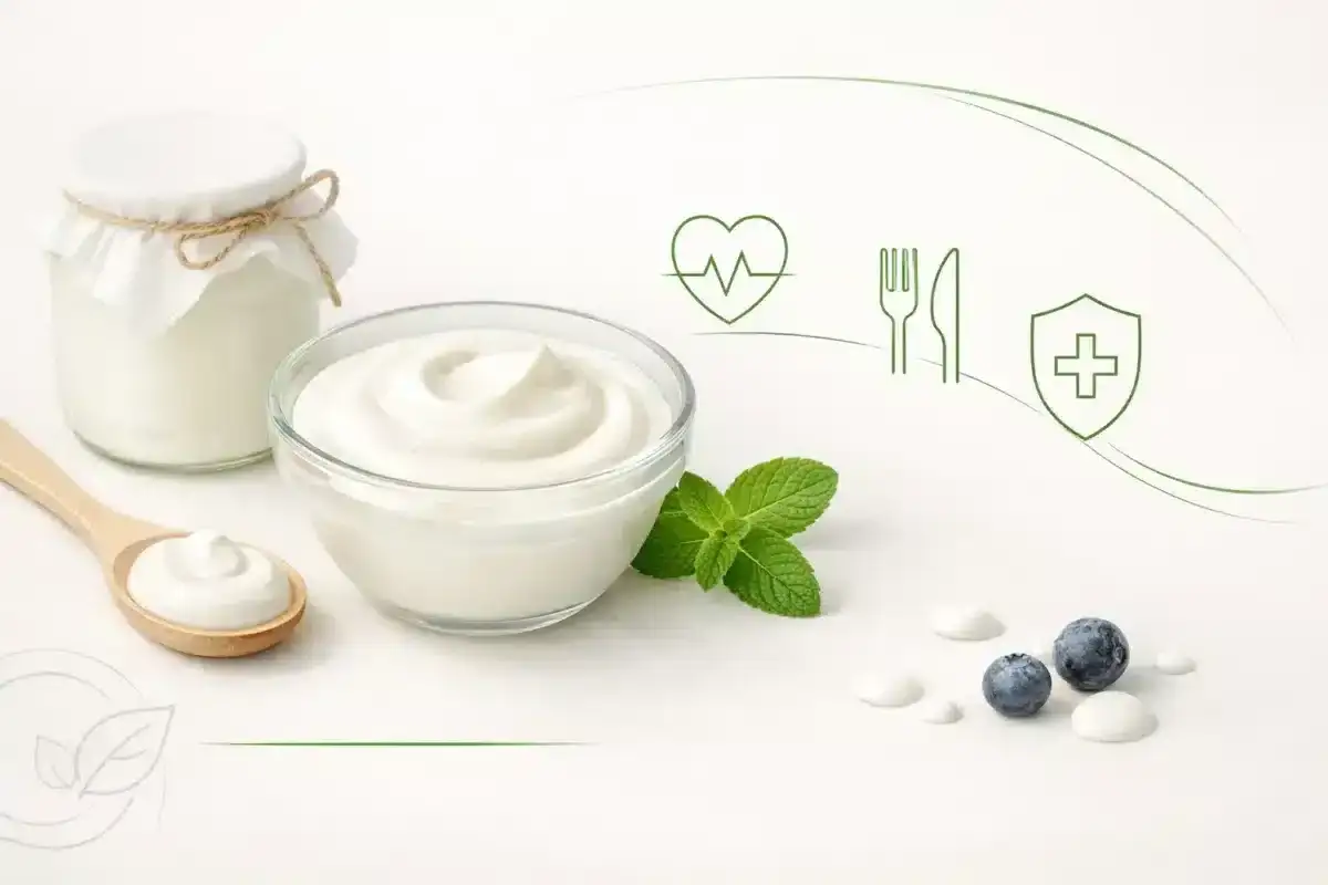 Słoik i miska z jogurtem naturalnym, łyżka, mięta, jagody i ikony zdrowia.