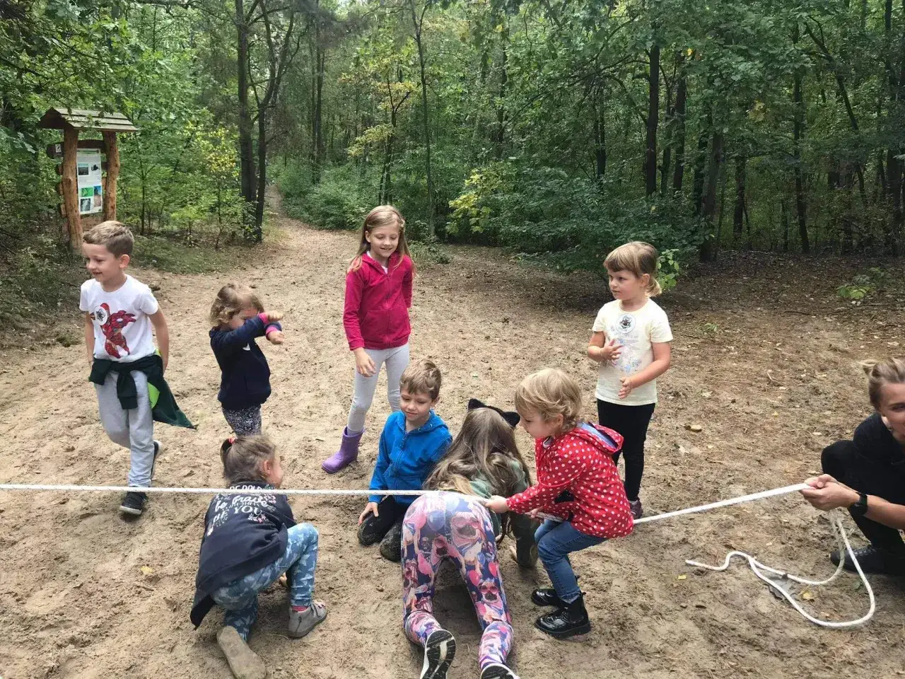 Leśne zabawy dla 6 latków w przedszkolu: dzieci ciągną linę, tworząc drużyny. Radosne okrzyki niosą się wśród drzew.